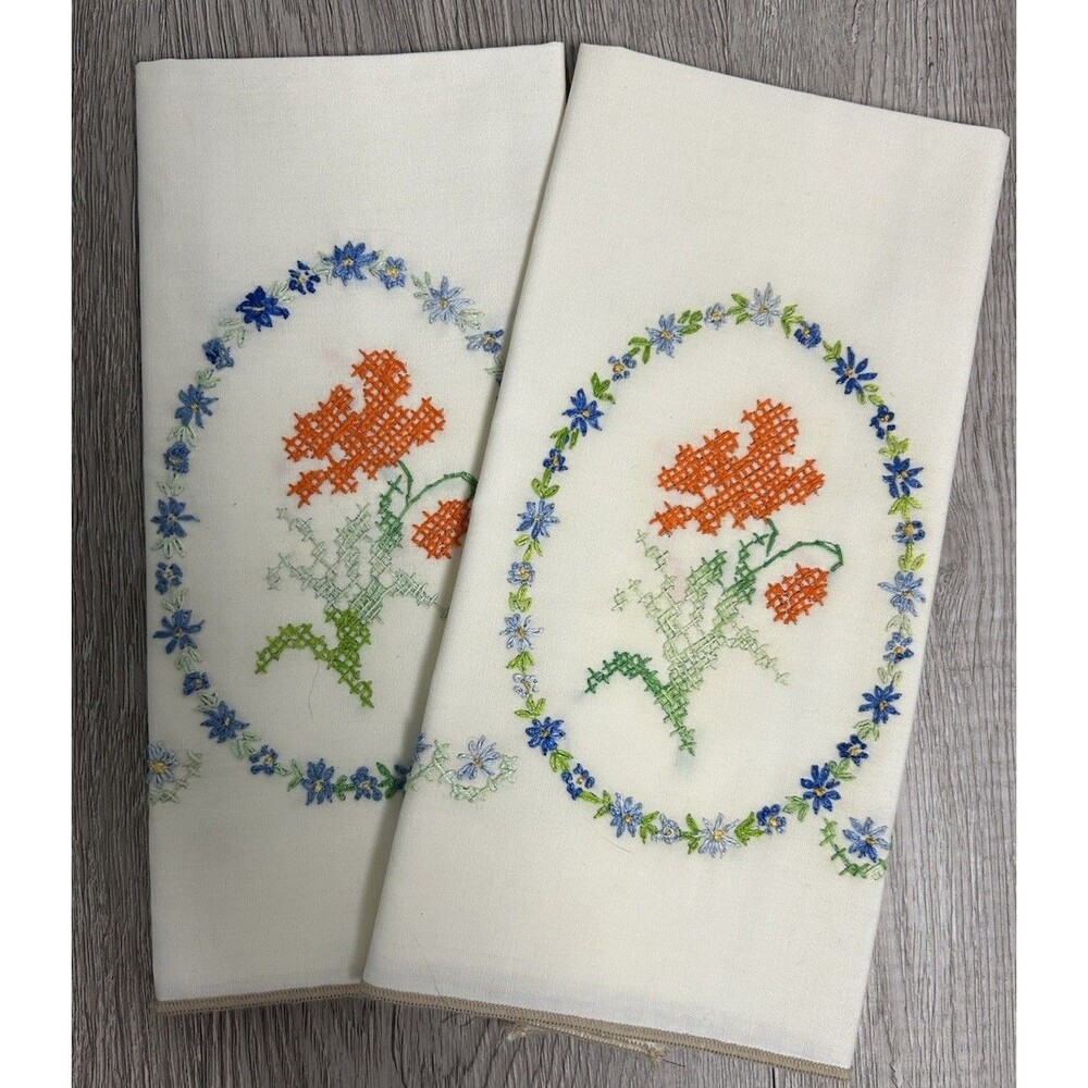 Set Of 2 Vintage Handmade Cross Stitch Napkins Orange And Blue Flowers